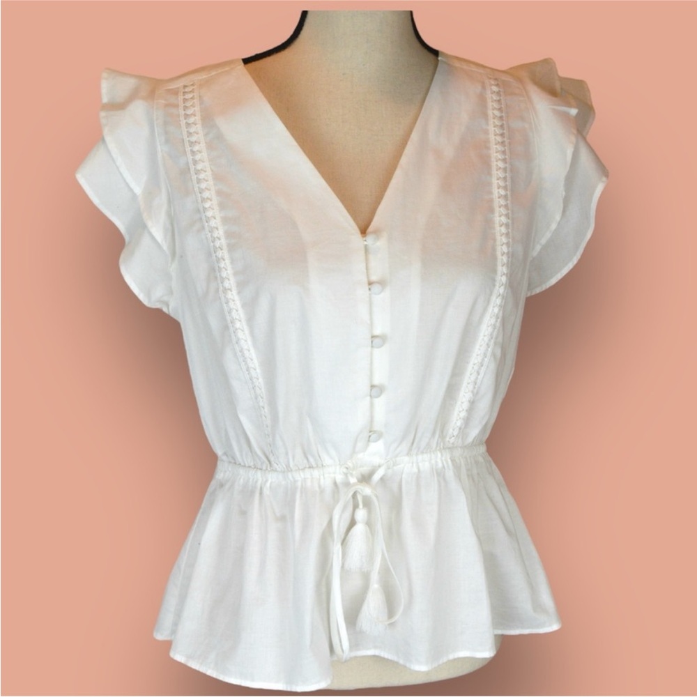 J Crew White Peplum Hem Drawstring Waist V Neck Flutter Sleeve Blouse, Medium